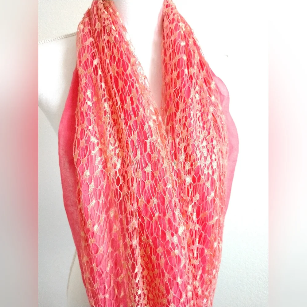 Stunning Fashion Infinity Scarf Peachy Pink with Gold Metallic Netting Overlay